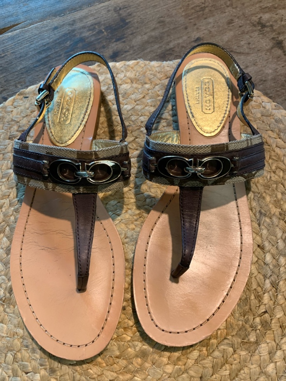 Coach Brown Leather and Signature Canvas Thong Sandals with Metal Accent - Picture 2 of 9